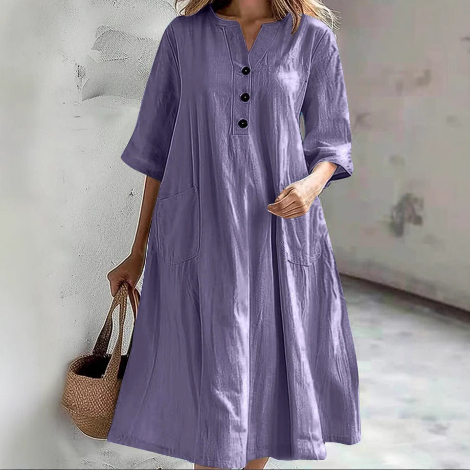 Damen nan locker fallendes A-Linien Kleid mit V-Ausschnitt-Knopfleiste, 3/4-Ärmeln und aufgesetzten Eingrifftaschen R&B