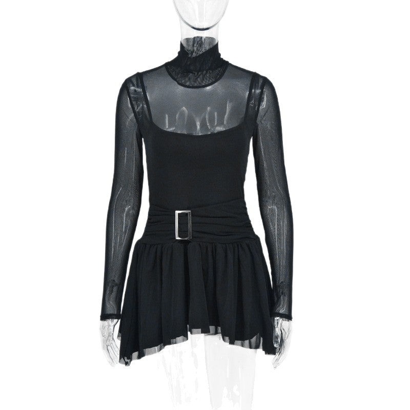 Damen Mini-Raffkleid mit transparenten Ärmeln und tailliertem Design R&B