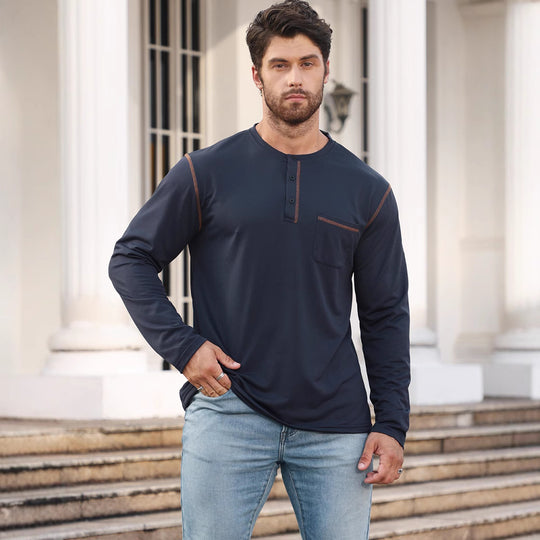 Herren nan Langarmshirt mit kurzer Knopfleiste Brusttasche und kontrastierenden Ziernähten R&B