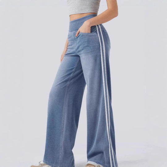 Damen weite Denim-Hose mit seitlichem Streifen und hohem Bund R&B
