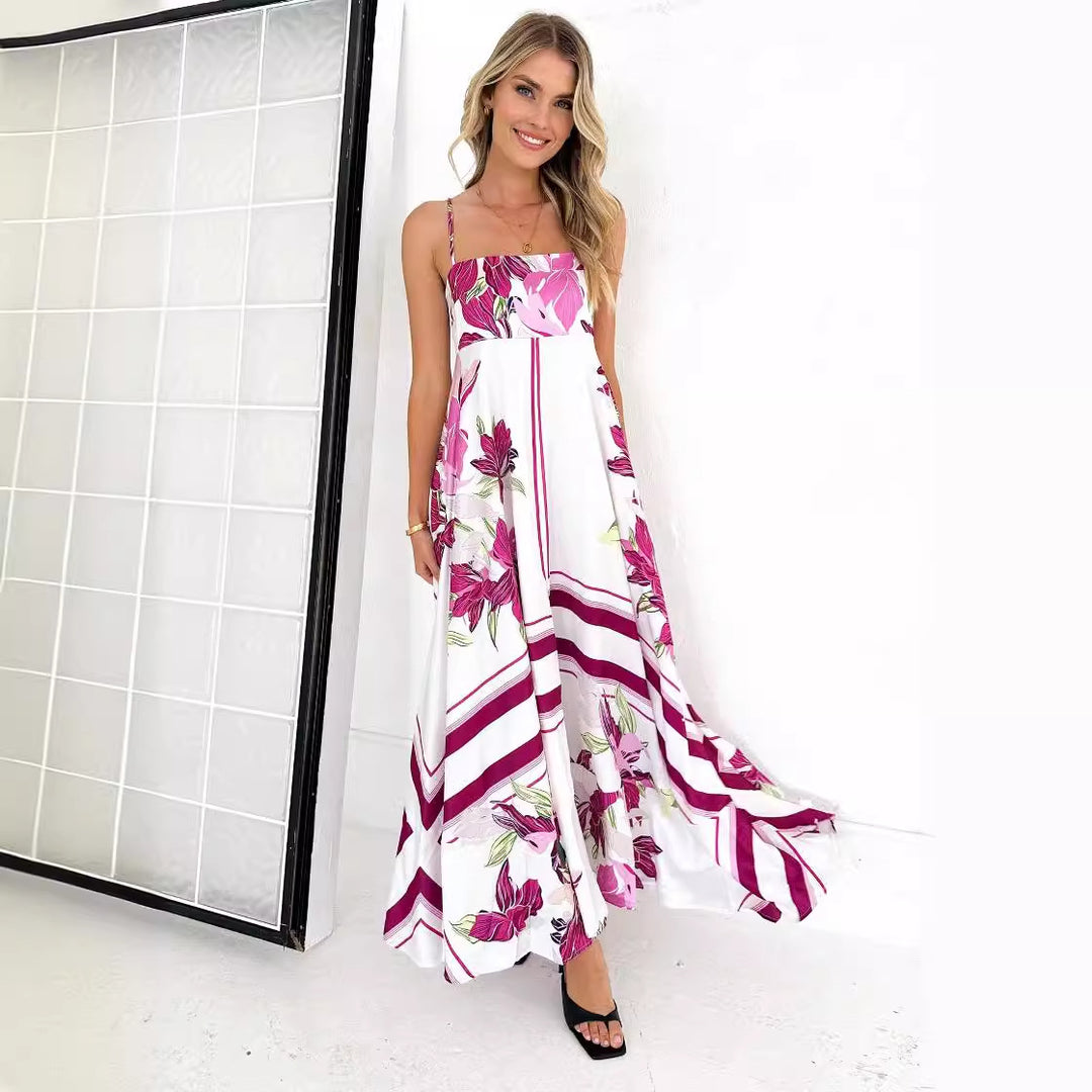 Damen Maxikleid mit modernen grafischen Mustern und dünnen Trägern R&B
