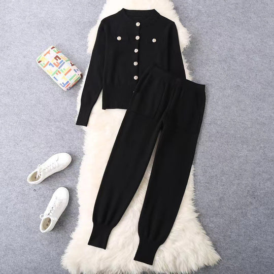 Damen elegantes Strickanzug-Set mit Knopfdétails R&B