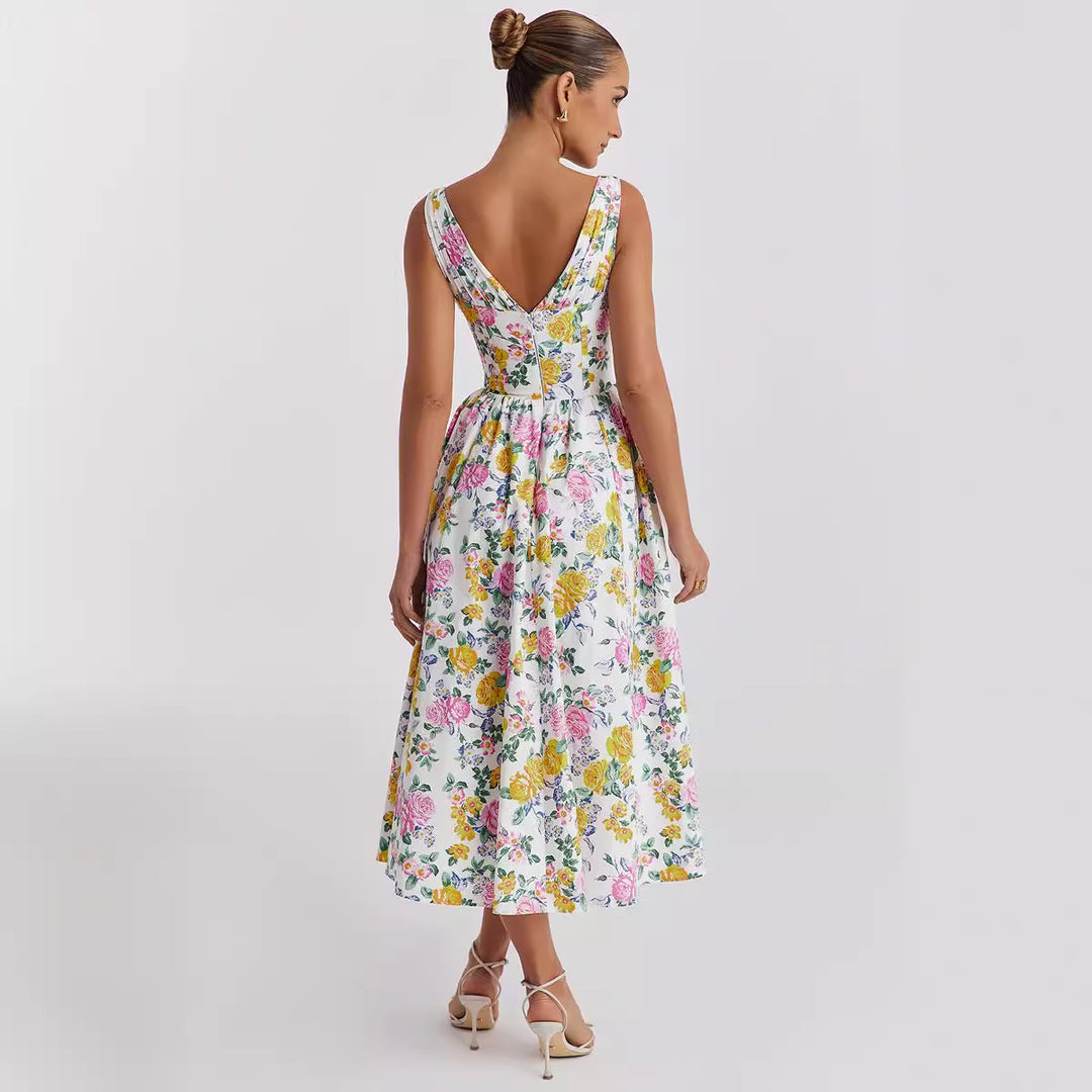 Damen Midikleid mit floralen Akzenten und tailliertem Oberteil R&B