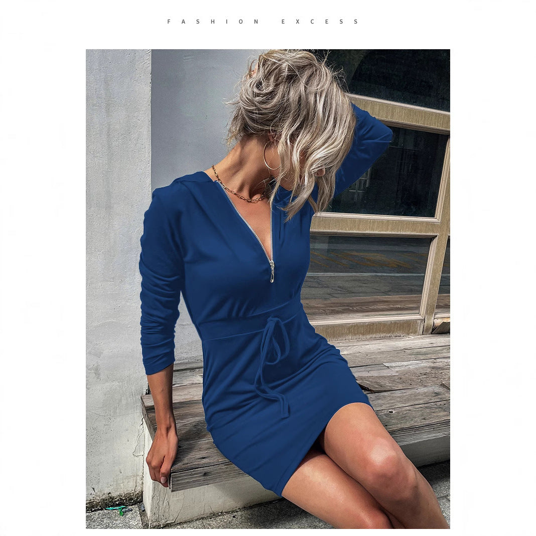 Damen Kapuzenkleid mit Reißverschluss und Taillenzug R&B