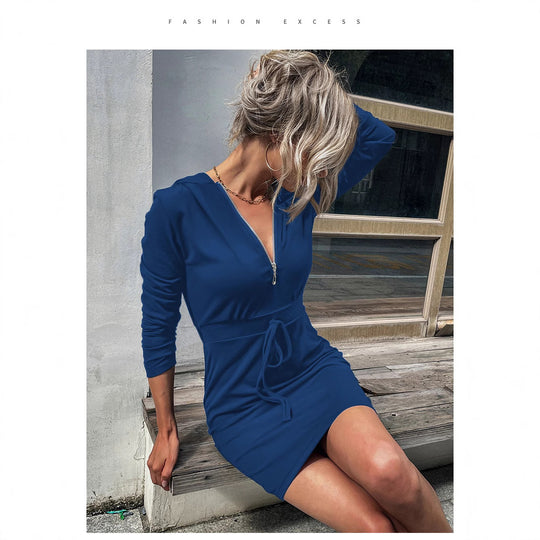 Damen Kapuzenkleid mit Reißverschluss und Taillenzug R&B