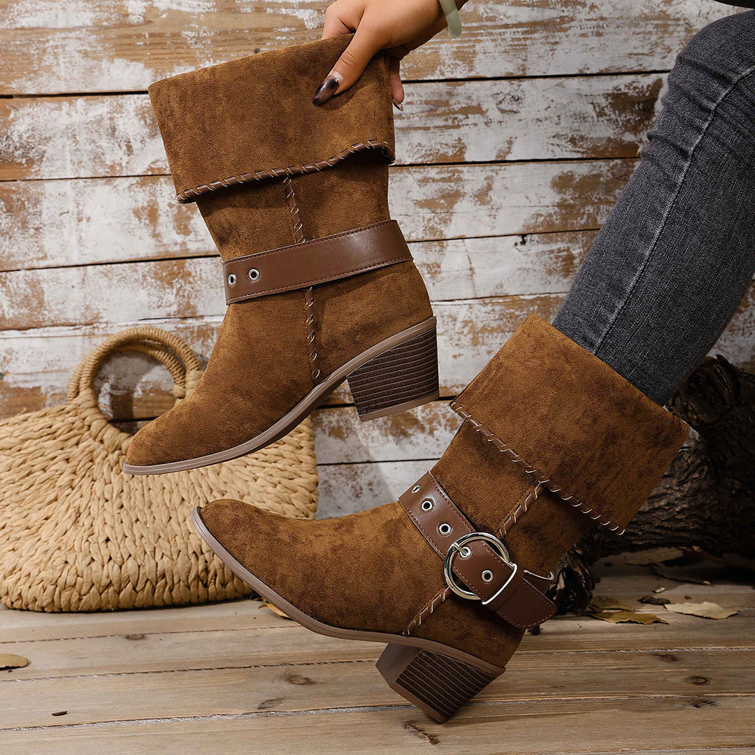 Damen modische Ankle-Boots mit breitem Umschlag und dekorativem Riemchen R&B