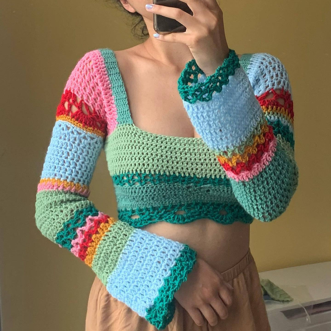 Damen gehäkeltes Crop-Top mit langen Ärmeln und ausgefallenem Saum R&B
