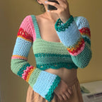 Damen gehäkeltes Crop-Top mit langen Ärmeln und ausgefallenem Saum R&B