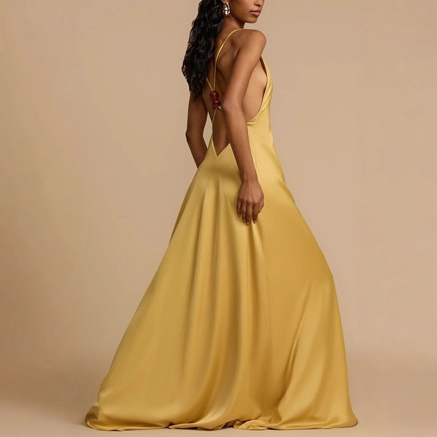 Damen Elegantes Maxikleid mit tiefem V-Ausschnitt und fließendem Schnitt R&B