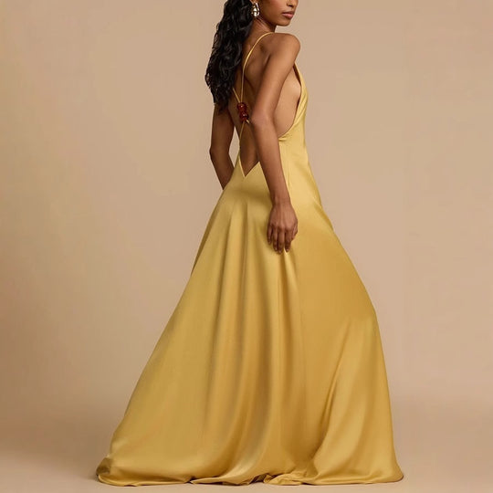 Damen Elegantes Maxikleid mit tiefem V-Ausschnitt und fließendem Schnitt R&B