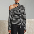 Damen asymmetrisches Langarmshirt mit modischen Streifen und Neckholder EB