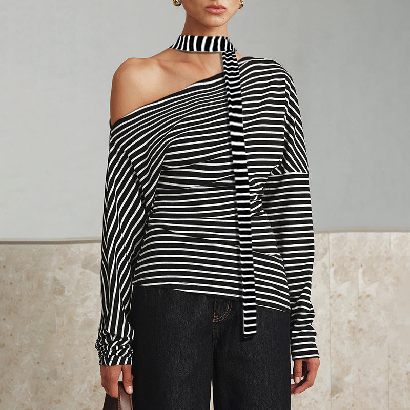 Damen asymmetrisches Langarmshirt mit modischen Streifen und Neckholder EB