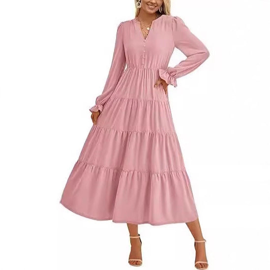 Damen Maxikleid mit knopfverzierter Front und voluminösen Ärmeln R&B