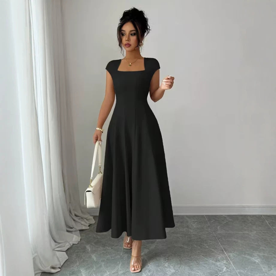 Damen Elegantes Maxikleid mit rechteckigem Ausschnitt und fließendem Rock R&B