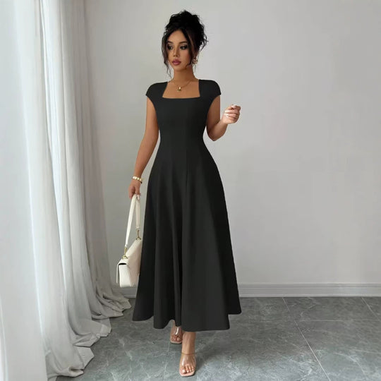 Damen Elegantes Maxikleid mit rechteckigem Ausschnitt und fließendem Rock R&B