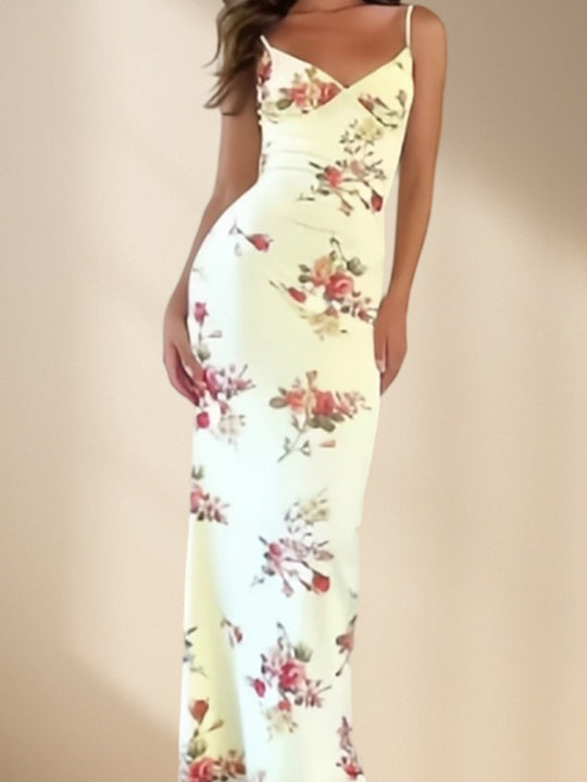 Damen Elegantes Maxikleid mit feinem floralem Design und Spaghettiträgern R&B