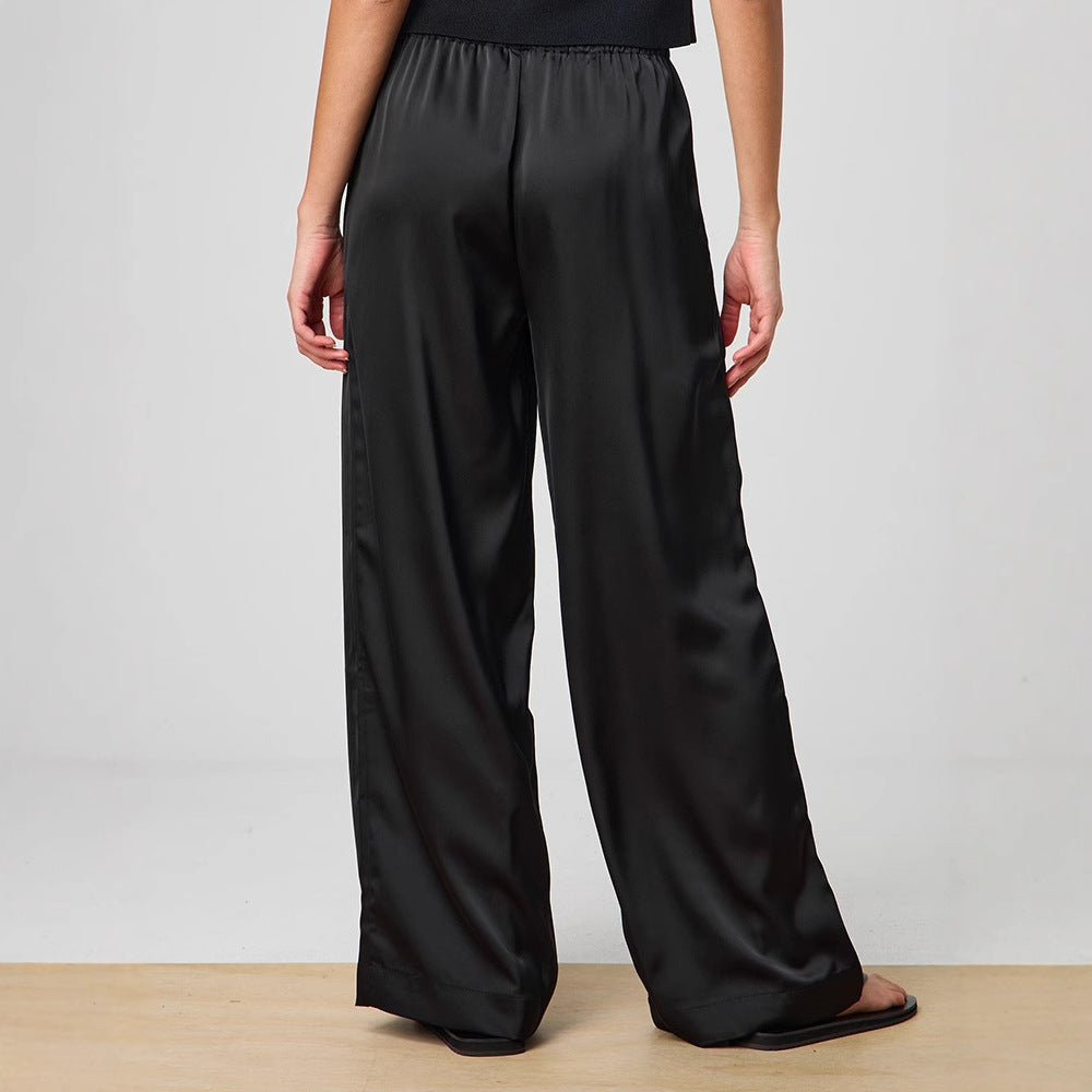 Damen Elegante Weite Satin-Hose mit hochgezogenem Bund und Bindegürtel R&B