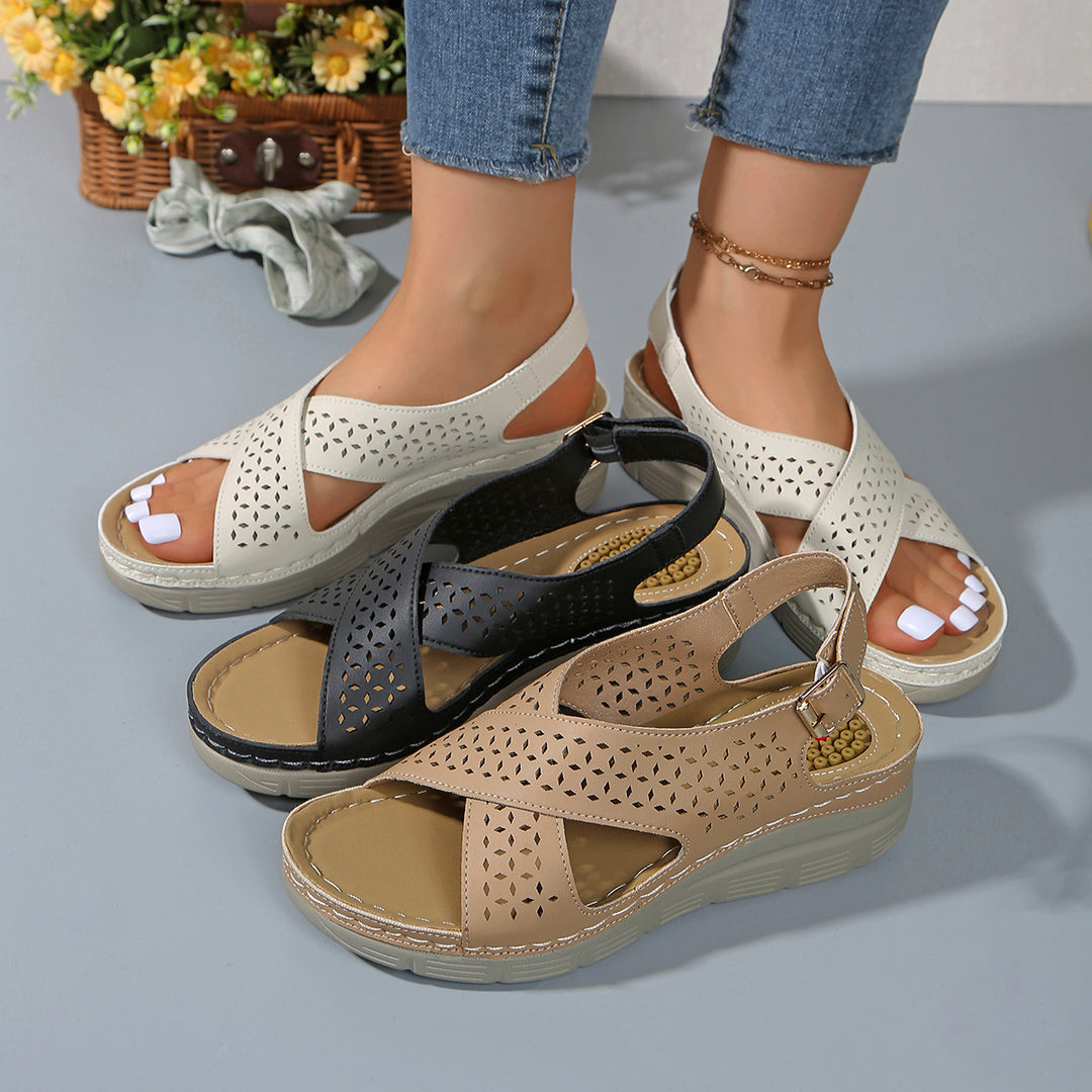 Damen Komfortable und atmungsaktive Wedge-Sandalen mit floralem Lochdesign R&B