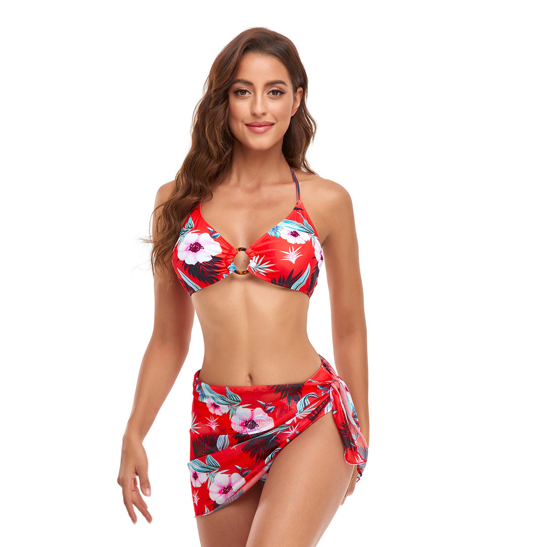 Damen Triangel-Bikini-Set mit modischem Wickelrock und floralem Design R&B