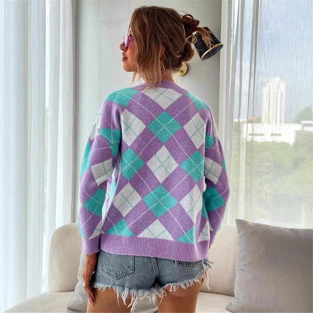 Damen Karierte Strickjacke mit Knöpfen und V-Ausschnitt R&B