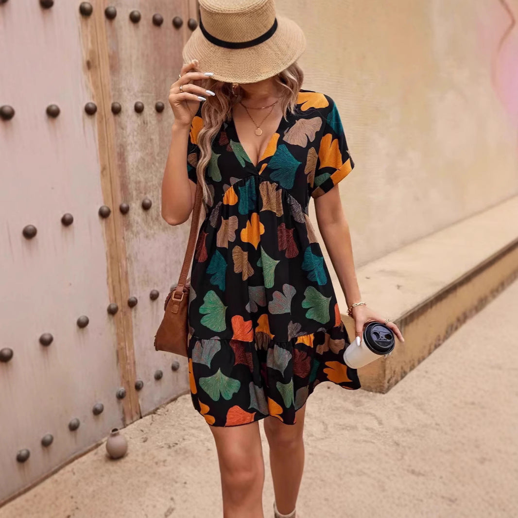 Damen lässiges Freizeitkleid im Boho-Stil mit voluminösem Rock und elastischem Tailleneinsatz R&B