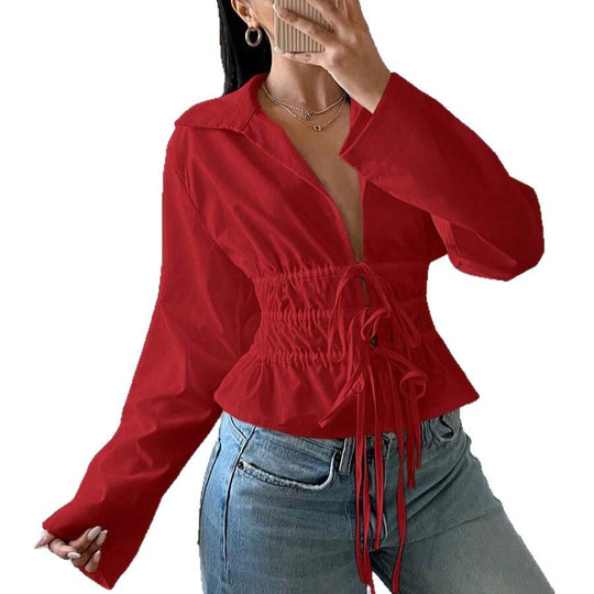 Damen zip-up Bluse mit Raffung und langen Ärmeln R&B