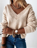 Damen V-Ausschnitt Strickpullover mit lockerem Schnitt R&B