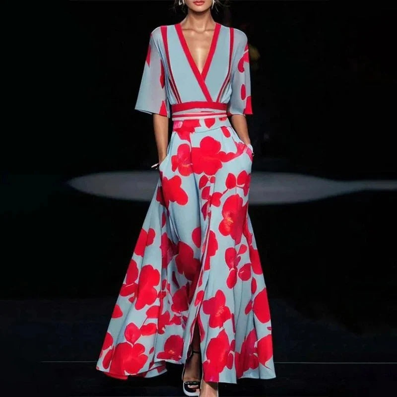 Damen Maxikleid mit floralem Muster und elegantem V-Ausschnitt R&B
