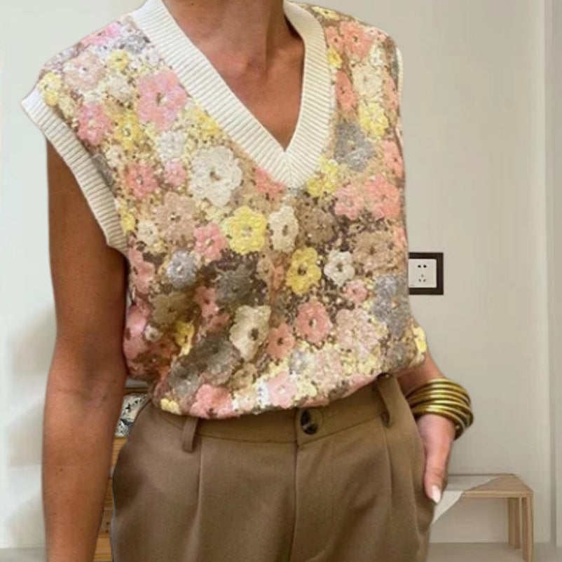 Damen Glamouröses Strickoberteil mit Blumenapplikationen und funkelnden Pailletten R&B