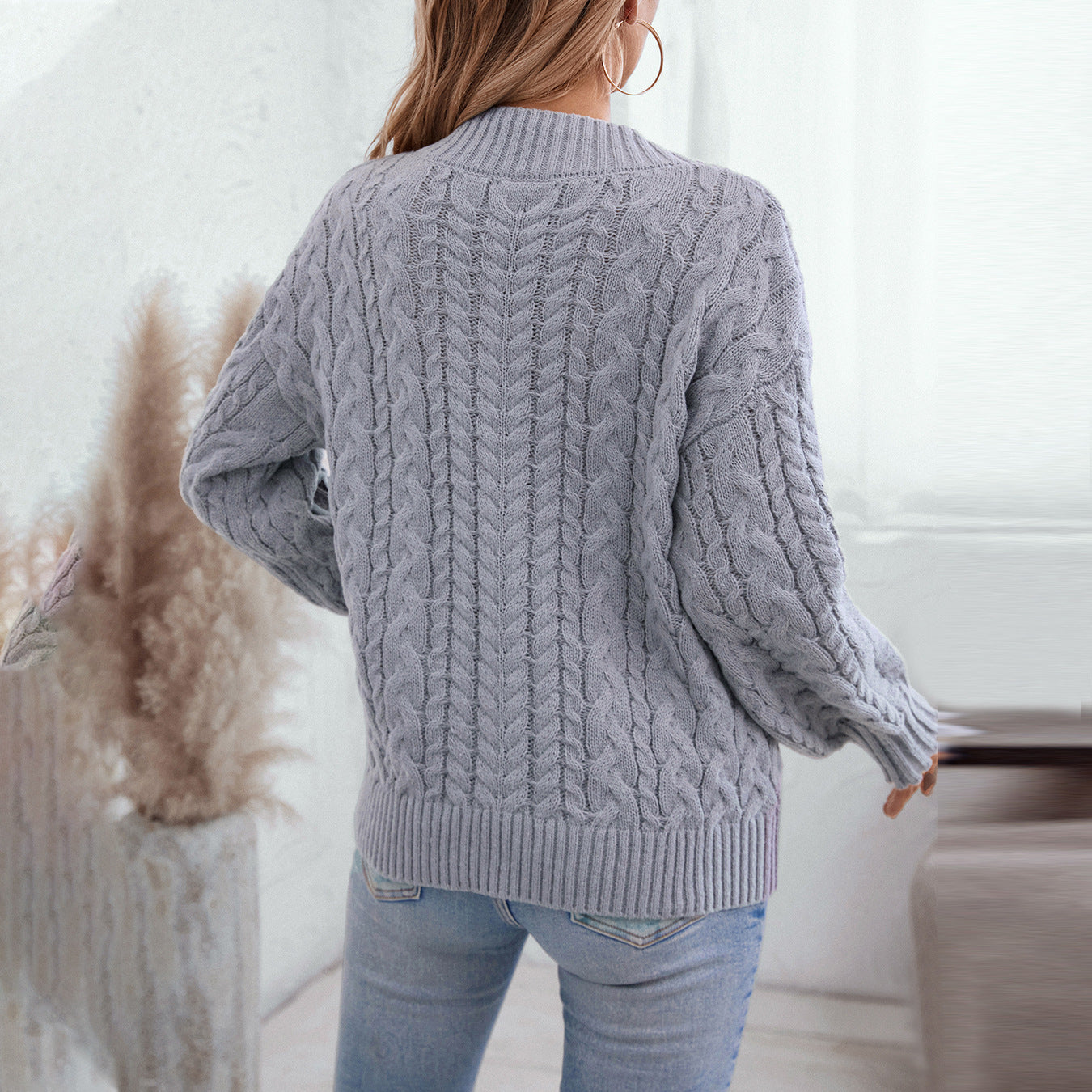 Damen Grobstrickpullover mit V-Ausschnitt und Zopfmuster