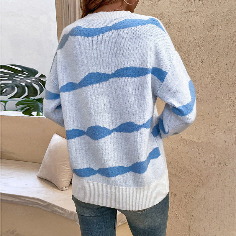 Damen lässiger Pullover mit modernem Wellenmuster und weitem Schnitt R&B