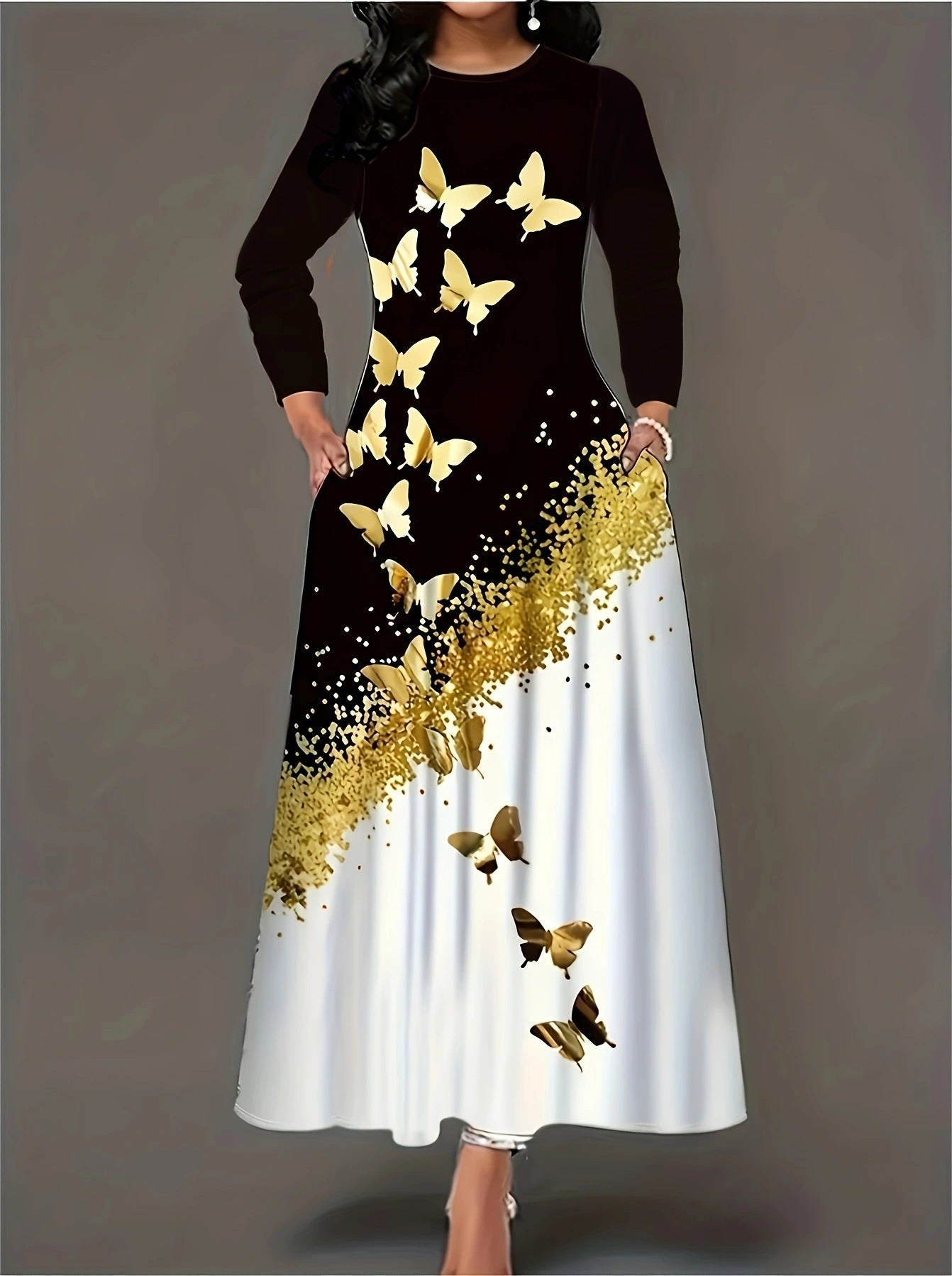 Damen Maxikleid mit elegantem Schmetterlingsdesign und goldenen Akzenten R&B
