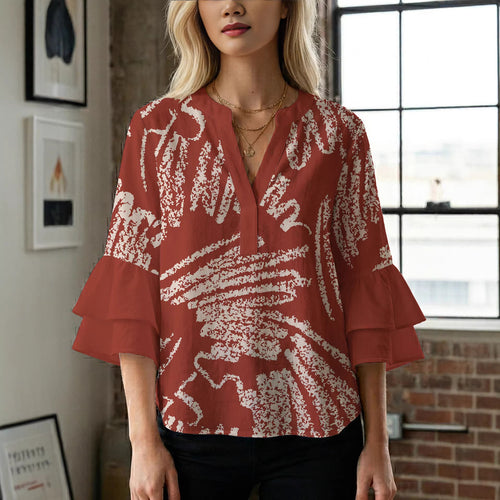 Damen elegantes Blusenshirt mit voluminösen Rüsenärmeln und grafischem Blumendesign R&B