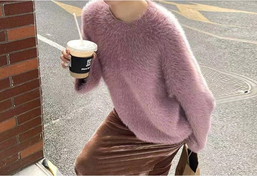 Damen Flauschiger Pullover mit lässigem Schnitt und hohem Rundhalsausschnitt R&B