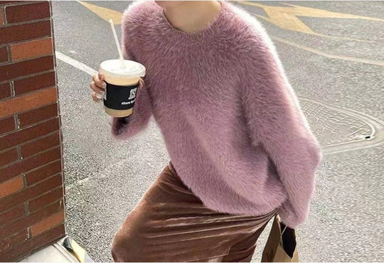 Damen Flauschiger Pullover mit lässigem Schnitt und hohem Rundhalsausschnitt R&B