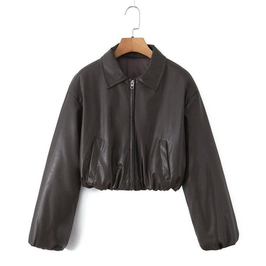Damen cropped Kunstlederjacke mit praktischen Taschen und Gummibund R&B