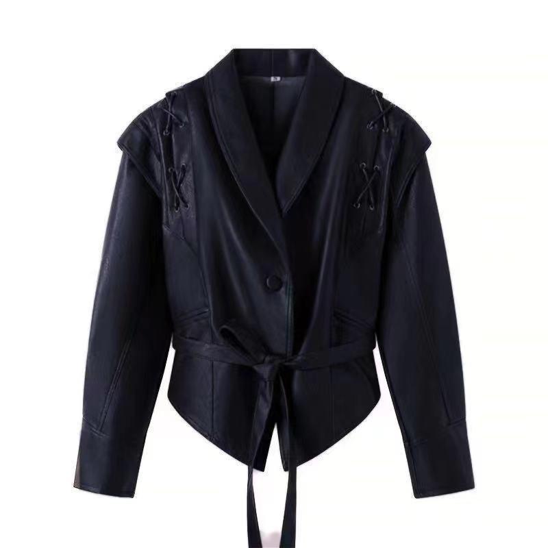Damen Modische Bikerjacke mitTaillengürtel und dekorativen Nähten