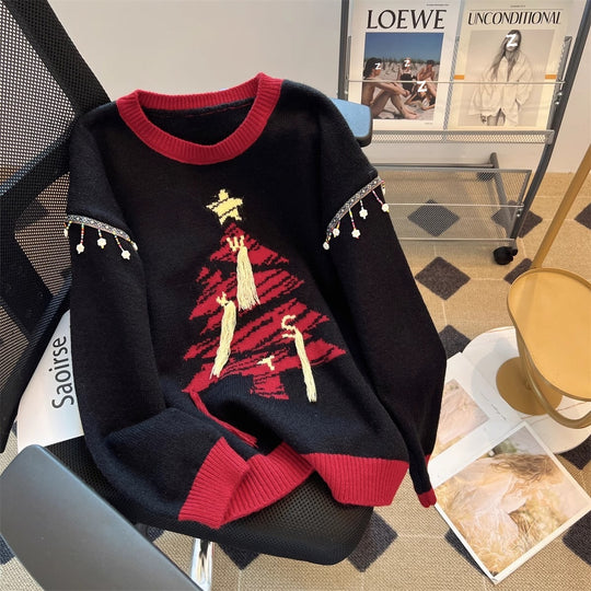 Damen festlicher Strickpullover mit Tannenbaum-Motiv und verspielten Akzenten R&B