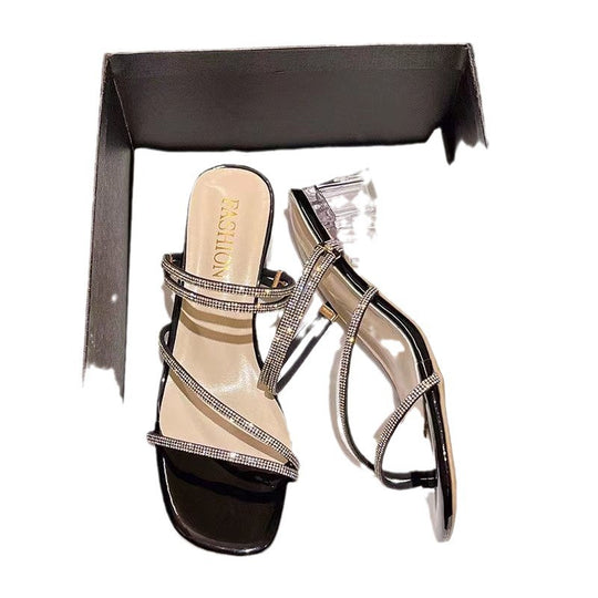 Damen elegante Statement-Sandaletten mit transparentem Blockabsatz und funkelnden Riemchen R&B