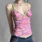 Damen gerafftes Spaghetti-Top mit floralem Muster und feinen Spitzenakzenten R&B