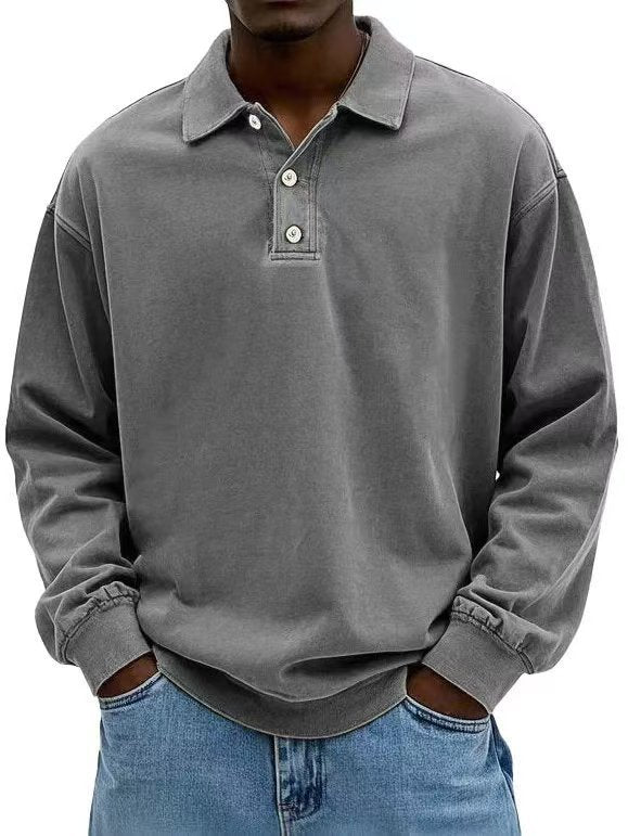 Herren nan lässiges Poloshirt-Sweatshirt mit Kragen, Vintage-Waschung und dreiteiliger Knopfleiste R&B