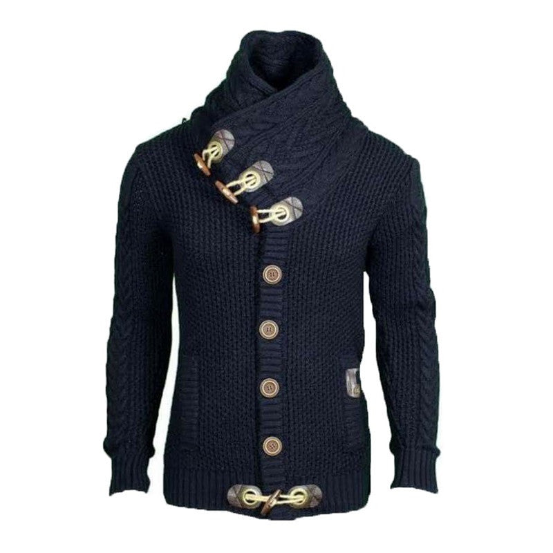 Herren gestrickter Cardigan mit hohem Kragen und modernen Holzknebel R&B