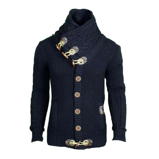 Herren gestrickter Cardigan mit hohem Kragen und modernen Holzknebel R&B