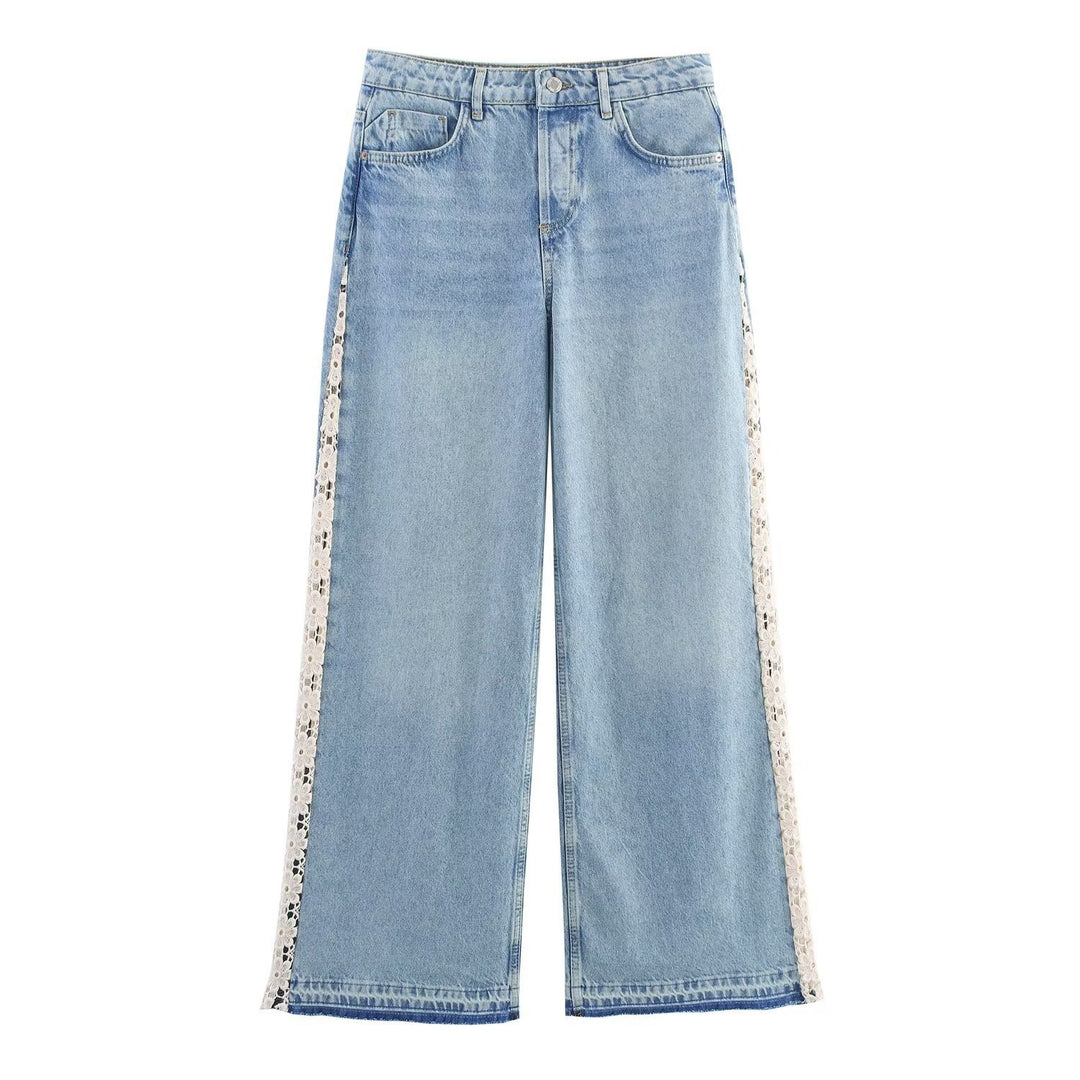 Damen weite Jeans mit floralen Spitzenapplikationen R&B