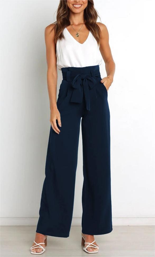Damen Weit geschnittene High-Waist-Hose mit Binde-Gürtel und Taschen R&B