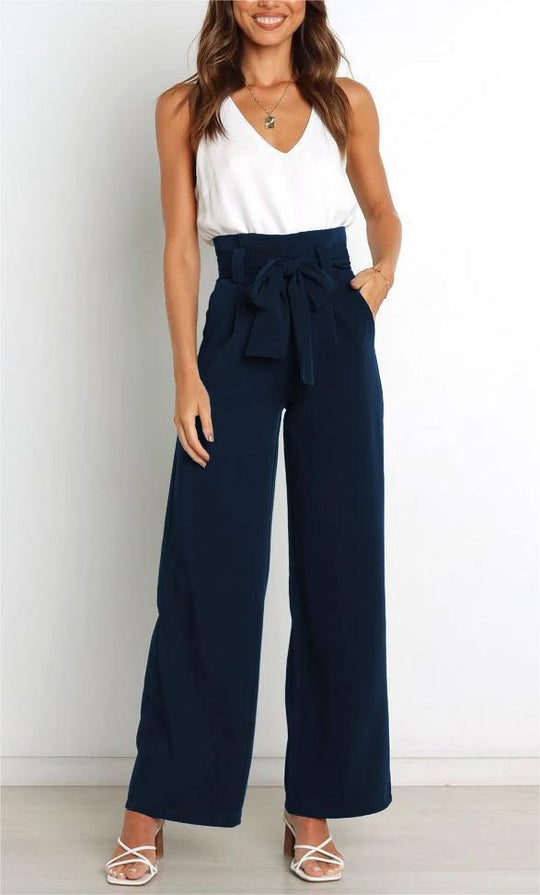 Damen Weit geschnittene High-Waist-Hose mit Binde-Gürtel und Taschen R&B
