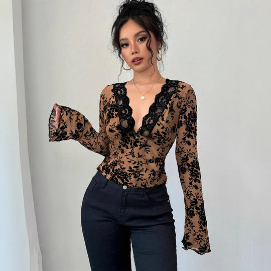 Damen Elegantes Spitzenoberteil mit tiefem V-Ausschnitt und Rüschendetails R&B