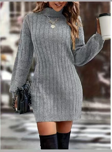 Damen Strickkleid mit hohem Kragen und feinem Rippenmuster R&B