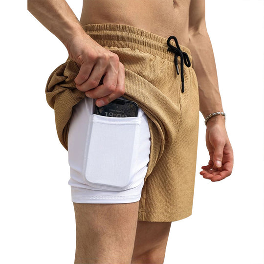 Herren nan zweilagige Schwimmshorts mit innerer Kompressionshose und seitlicher Smartphone-Tasche R&B
