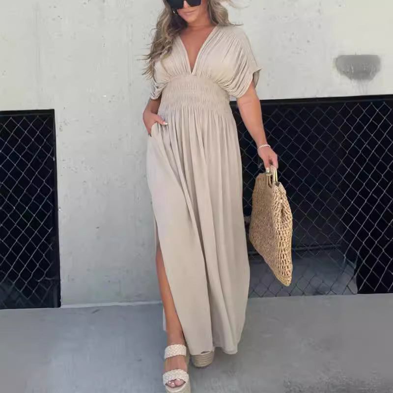 Damen Maxikleid mit tiefem V-Ausschnitt und praktischen Seitentaschen R&B
